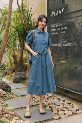 WHO KNOWS 复古设计感牛仔衬衫半裙套装 20666