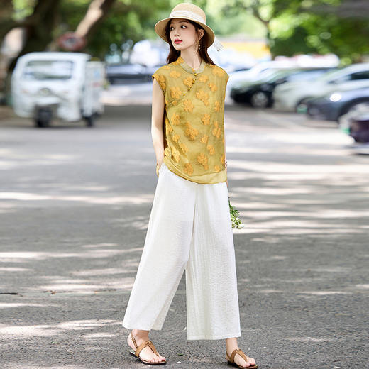 新中式复古刺绣套装女2025夏季新款洋气减龄显瘦上衣阔腿裤两件套ZYFA8863 商品图2
