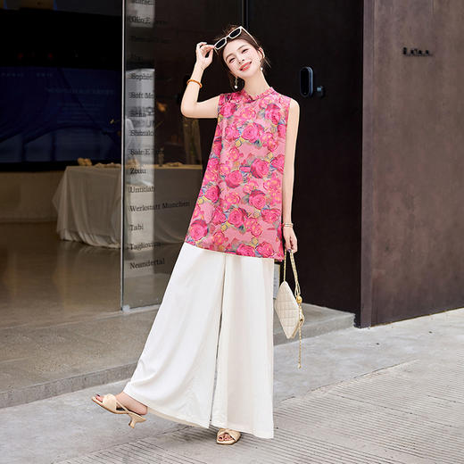 新中式国风气质显瘦，复古印花旗袍阔腿裤两件套HR-X1012 商品图1