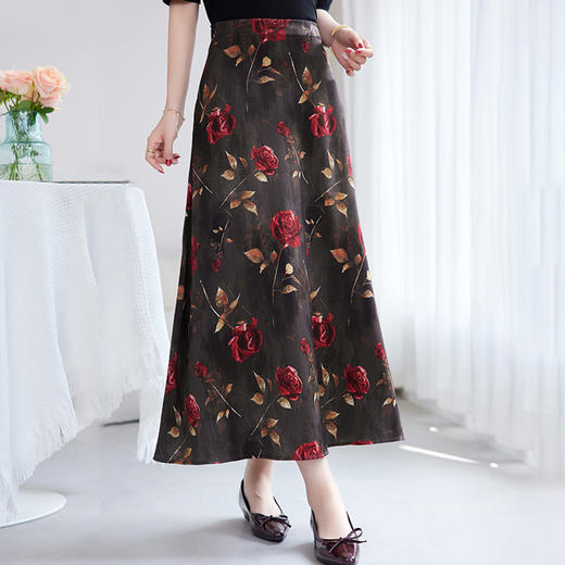 【真丝弹力缎】高腰a字裙中长裙，气质通勤桑蚕丝印花半身裙SM-72501097 商品图0