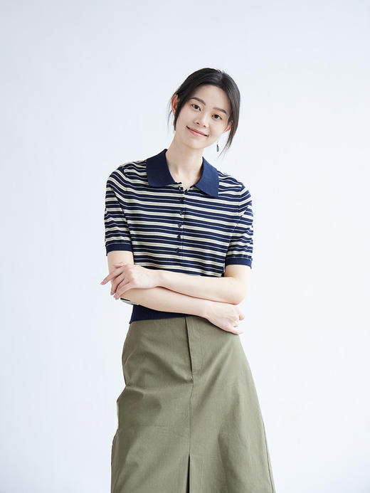书卷气！2025法式优雅条纹三醋酸棉直筒短袖针织polo衫女夏新款 商品图7