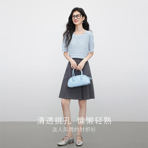 【周四狂欢价】熙世界竹节麻感冰丝针织衫女薄款夏季短袖女宽松镂空正肩T恤上衣 商品图2