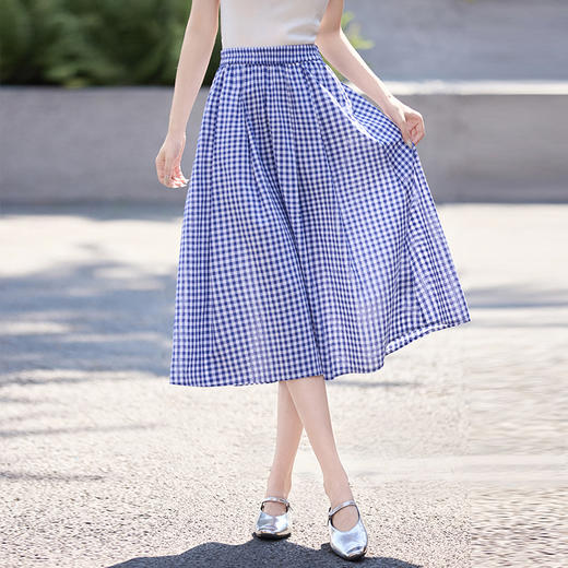 【专属特价】熙世界复古格纹半身裙女2025夏季新款设计感知识分子风中长款伞裙 商品图1