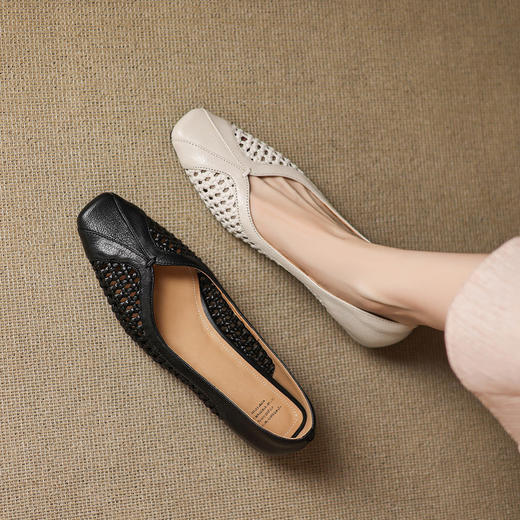 【预售5天】软羊皮编织粗跟凉鞋，镂空透气洞洞鞋法式方头低跟单鞋NGMZR&72-151 商品图3