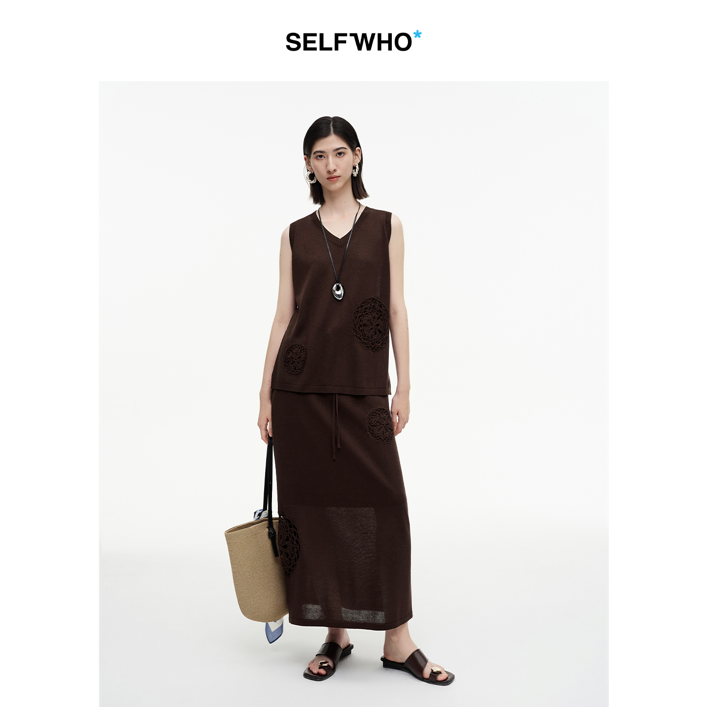 SELFWHO绿绒蒿系列莱赛尔亚麻镂空花装饰半身裙女2025秋季直筒裙