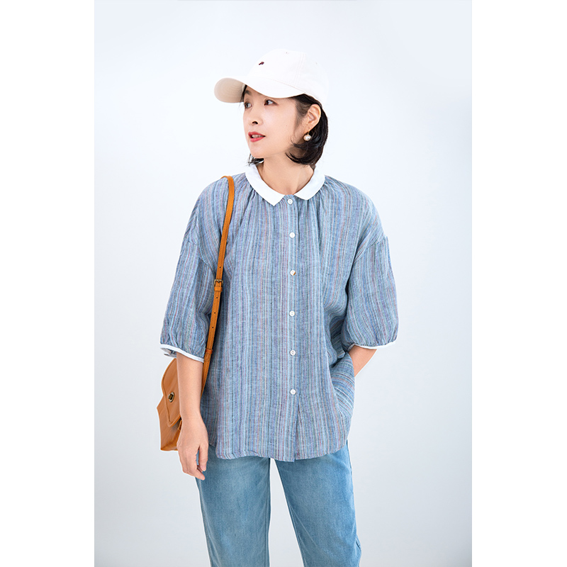 撞色翻领条纹衬衫