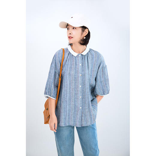 撞色翻领条纹衬衫 商品图0