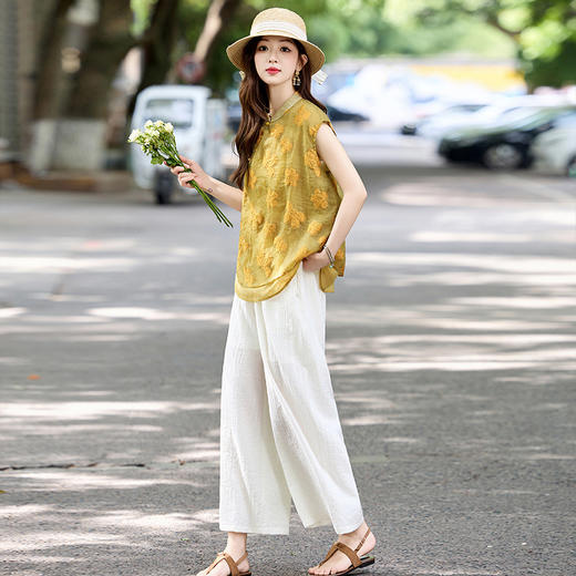 新中式复古刺绣套装女2025夏季新款洋气减龄显瘦上衣阔腿裤两件套ZYFA8863 商品图3
