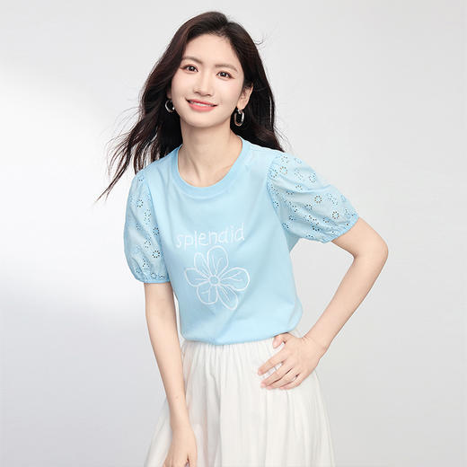 【专属特价】熙世界小雏菊印花T恤女夏季2025新款设计感雕孔短袖体恤纯棉上衣 商品图3
