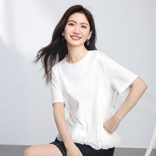 熙世界蕾丝花边拼接白色T恤女短袖夏季新款独特漂亮正肩圆领上衣 商品图4
