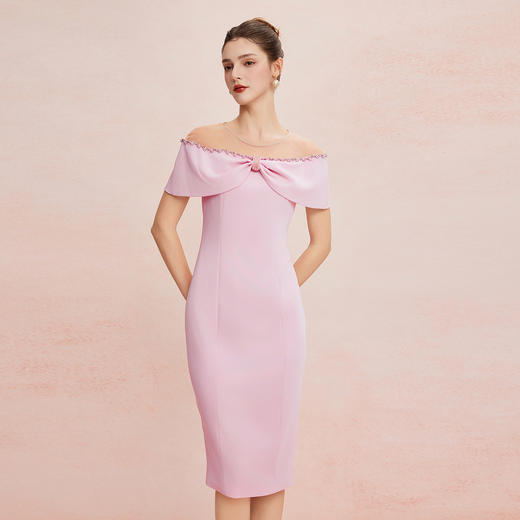 QF8D8斯尔丽25新款露肩法式浪漫一字肩蝴蝶结构收腰显瘦连衣裙 商品图2