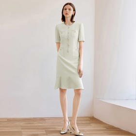 IWY/芦灰绿气质通勤小香风连衣裙女夏季薄款圆领主持人正装西装裙Q1351