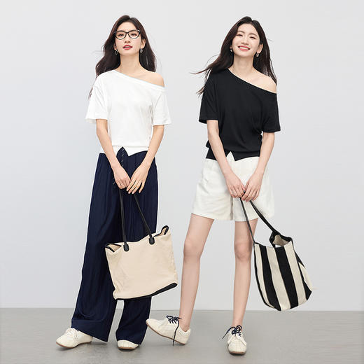 【专属特价】熙世界设计感斜肩白色t恤女夏季2025新款独特别致一字肩短袖上衣 商品图2