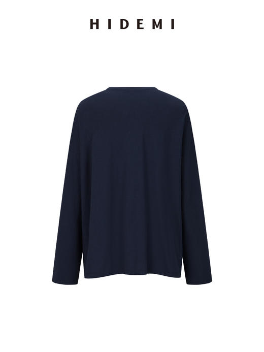 HIDEMI 自然水洗棉做旧感圆领纽扣开衫式t恤长袖上衣 白色/藏青色 商品图11