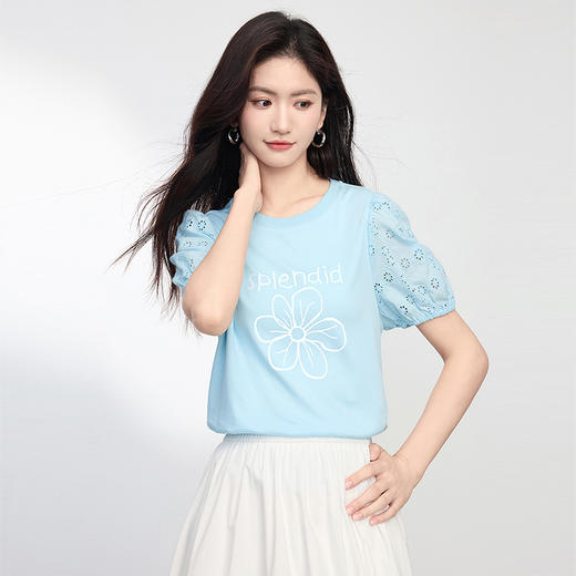 【专属特价】熙世界小雏菊印花T恤女夏季2025新款设计感雕孔短袖体恤纯棉上衣 商品图4