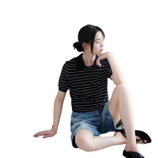 书卷气！2025法式优雅条纹三醋酸棉直筒短袖针织polo衫女夏新款 商品图4