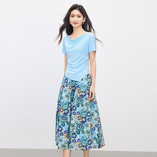 【专属特价】熙世界独特绝美夏天小套装女新款荡领T恤复古碎花半身伞裙两件套 商品图4