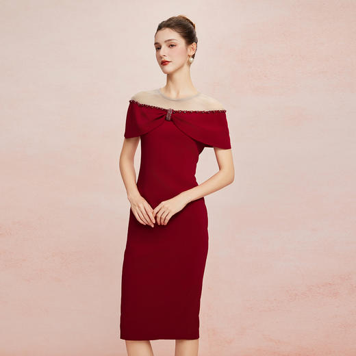QF8D8斯尔丽25新款露肩法式浪漫一字肩蝴蝶结构收腰显瘦连衣裙 商品图7