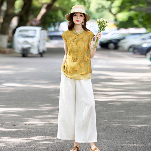 新中式复古刺绣套装女2025夏季新款洋气减龄显瘦上衣阔腿裤两件套ZYFA8863 商品图1