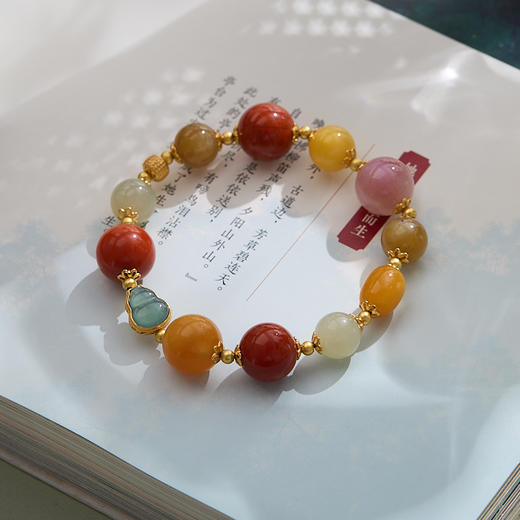 【普陀山】福运连绵 多宝手链14mm大蜜蜡 南红 925银 镀金 蓝水葫芦  多宝手链 商品图2