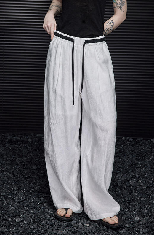老钱风100进口苎麻高质撞色腰亚麻阔腿裤 商品图1
