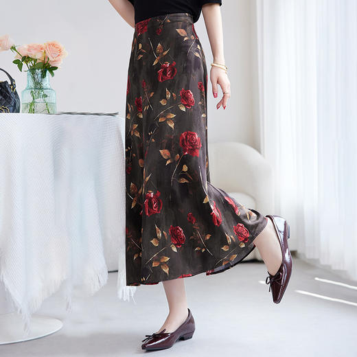 【真丝弹力缎】高腰a字裙中长裙，气质通勤桑蚕丝印花半身裙SM-72501097 商品图2