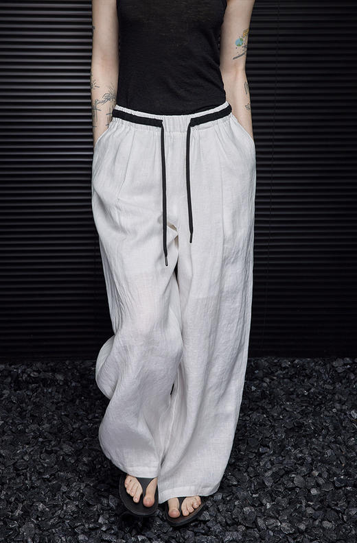 老钱风100进口苎麻高质撞色腰亚麻阔腿裤 商品图3