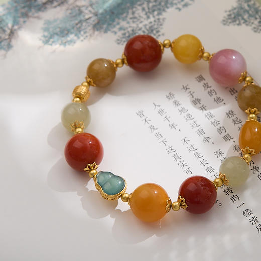 【普陀山】福运连绵 多宝手链14mm大蜜蜡 南红 925银 镀金 蓝水葫芦  多宝手链 商品图3