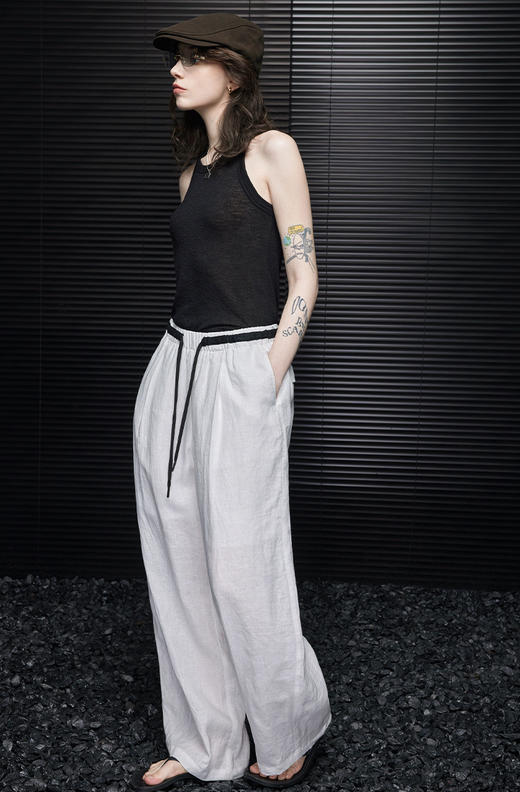 老钱风100进口苎麻高质撞色腰亚麻阔腿裤 商品图4