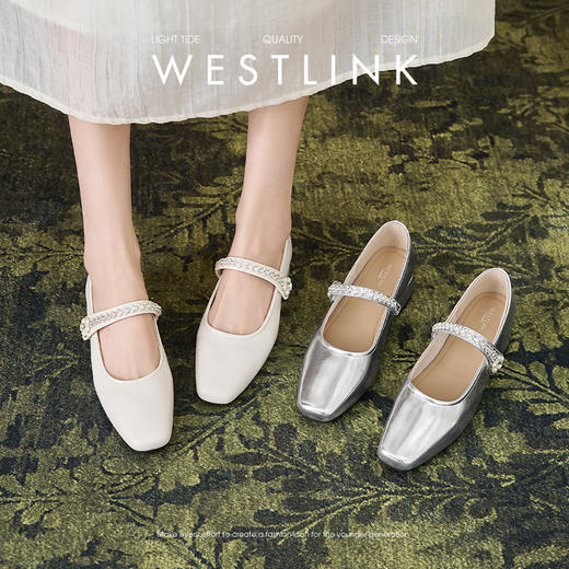 西遇法式玛丽珍鞋女新款秋季仙女珍珠水钻低跟鞋银色粗跟单鞋V1456895 商品图0