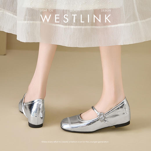 西遇玛丽珍鞋女新款秋季小个子内增高女鞋配裙子圆头银色单鞋V1456903 商品图3