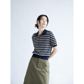 书卷气！2025法式优雅条纹三醋酸棉直筒短袖针织polo衫女夏新款