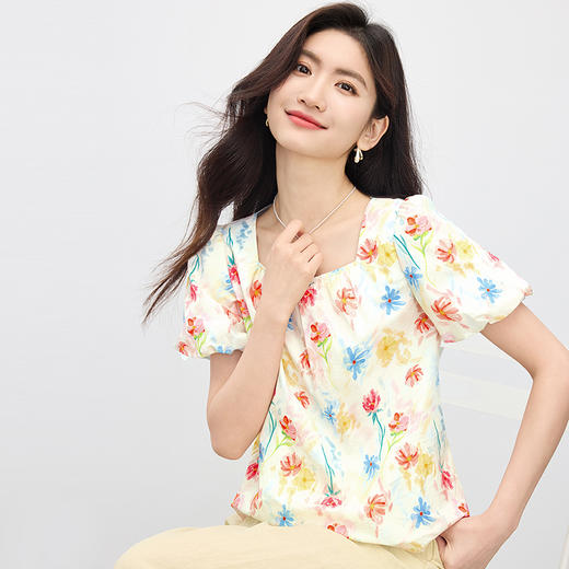 【周末秒杀】熙世界多巴胺碎花方领衬衫女夏2025新款灯笼袖法式独特绝美小上衣 商品图4