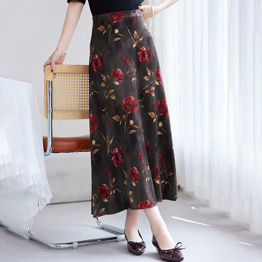 【真丝弹力缎】高腰a字裙中长裙，气质通勤桑蚕丝印花半身裙SM-72501097 商品图1