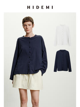 HIDEMI 自然水洗棉做旧感圆领纽扣开衫式t恤长袖上衣 白色/藏青色