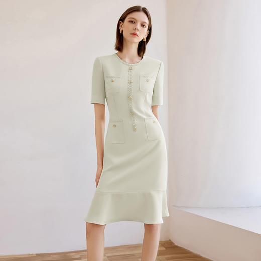 IWY/芦灰绿气质通勤小香风连衣裙女夏季薄款圆领主持人正装西装裙Q1351 商品图1