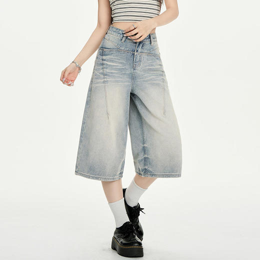 罗蒙夏季女士七分裤复古高腰阔腿显瘦牛仔裤百搭通勤女舒适裤子 商品图3