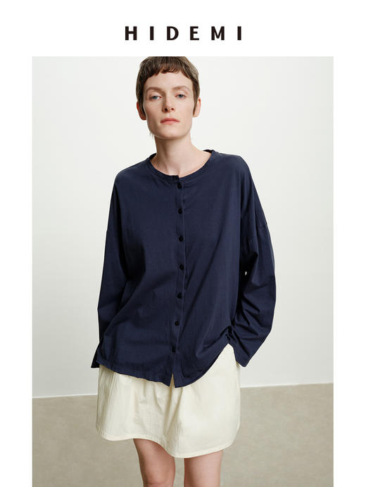 HIDEMI 自然水洗棉做旧感圆领纽扣开衫式t恤长袖上衣 白色/藏青色 商品图6