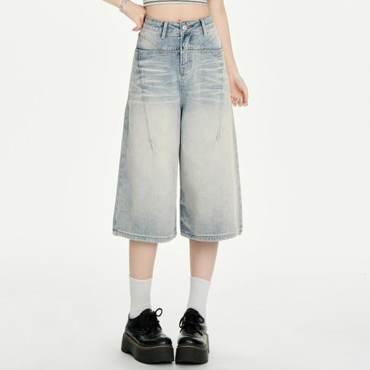 罗蒙夏季女士七分裤复古高腰阔腿显瘦牛仔裤百搭通勤女舒适裤子 商品图2