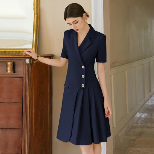 IWY/藏青色夏季短袖西装连衣裙女2025薄款酒店售楼部前台接待工作服Q1382 商品图3