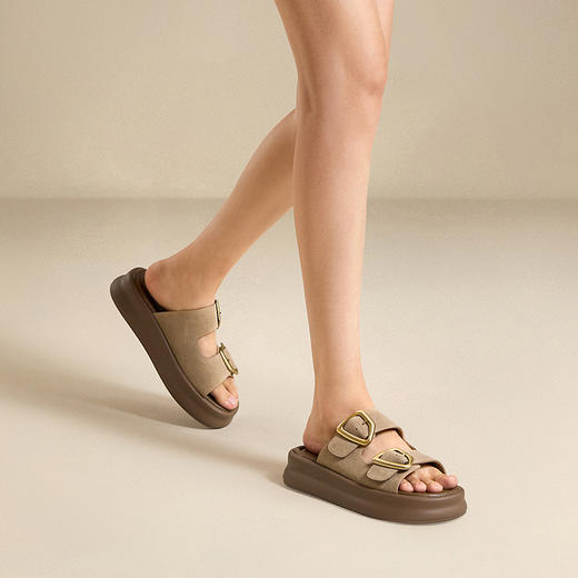 千百度豹纹勃肯鞋露趾一字拖女款厚底增高外穿凉拖鞋A25385505 商品图2