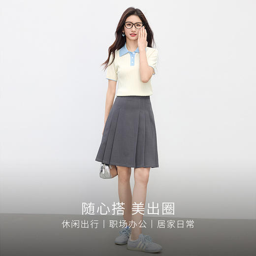 【专属特价】熙世界法式撞色Polo领针织衫女短袖通勤休闲正肩T恤上衣2025夏季 商品图2