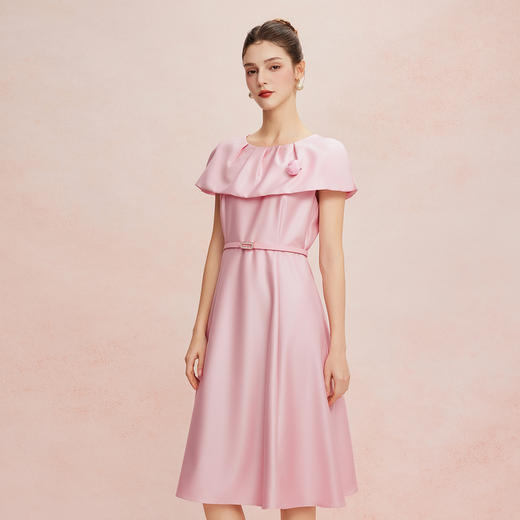 QF8E9斯尔丽2025夏季新款轻奢小礼服披肩领立体手工盘花收腰放摆连衣裙 商品图2