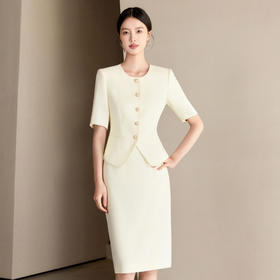 IWY/米白色夏季短袖小香风西装套裙女气质名媛珠宝接待工作服职业裙装25CS776