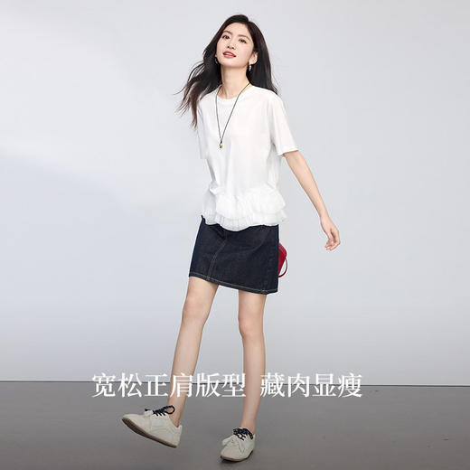 熙世界蕾丝花边拼接白色T恤女短袖夏季新款独特漂亮正肩圆领上衣 商品图2