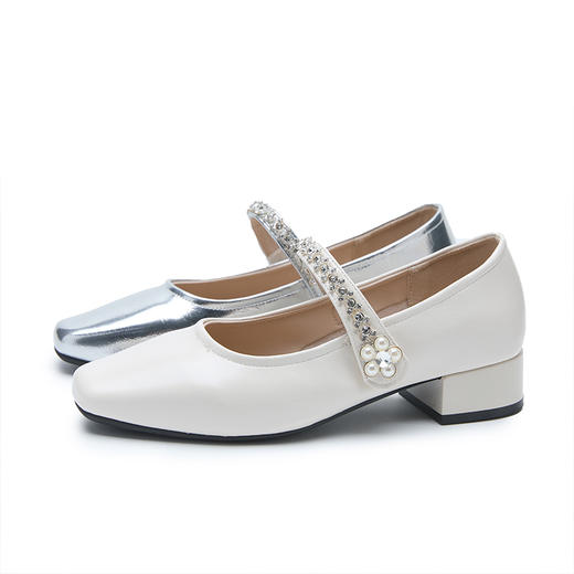 西遇法式玛丽珍鞋女新款秋季仙女珍珠水钻低跟鞋银色粗跟单鞋V1456895 商品图4