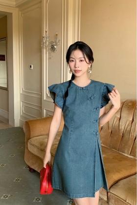 ANSUABEL 复古港风小飞袖牛仔裙 20659