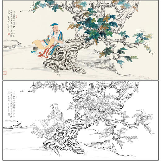 任重山水人物工笔画白描底稿《桐荫著书图》临摹勾线高清打印稿RD65 商品图0