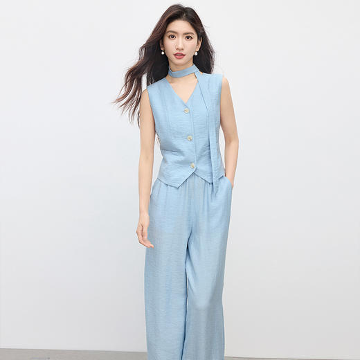【专属特价】熙世界冰丝亚麻蓝色无袖马甲阔腿裤套装女夏季大方得体穿搭两件套 商品图4