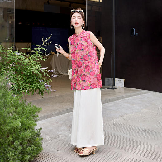 新中式国风气质显瘦，复古印花旗袍阔腿裤两件套HR-X1012 商品图3